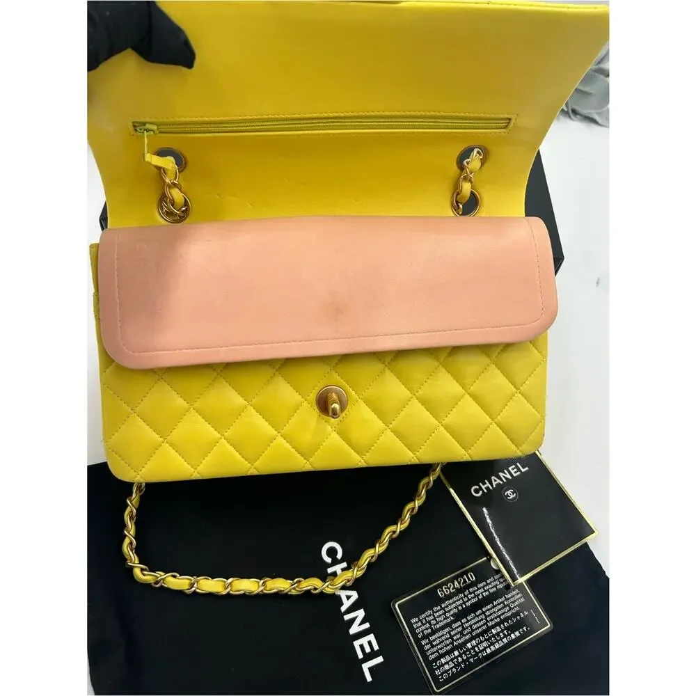 Women's Chanel Classic Quilted double Flap Bag in Yellow with Gold Hardware